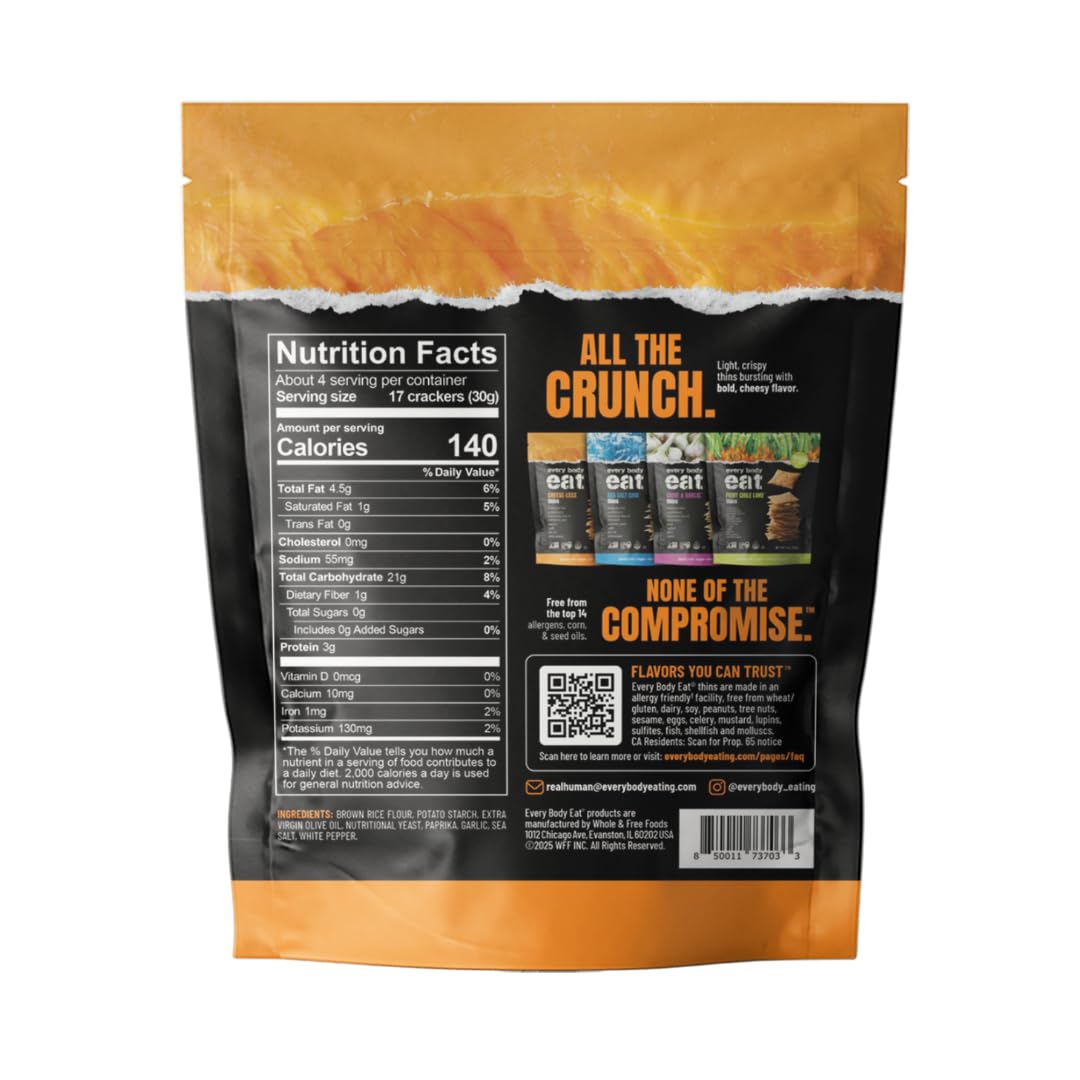 Every Body Eat Gluten Free Crackers – Dairy-Free Cheddar Style Vegan Snacks, Seed Oil Free (Pack of 6, 4 oz Bags)