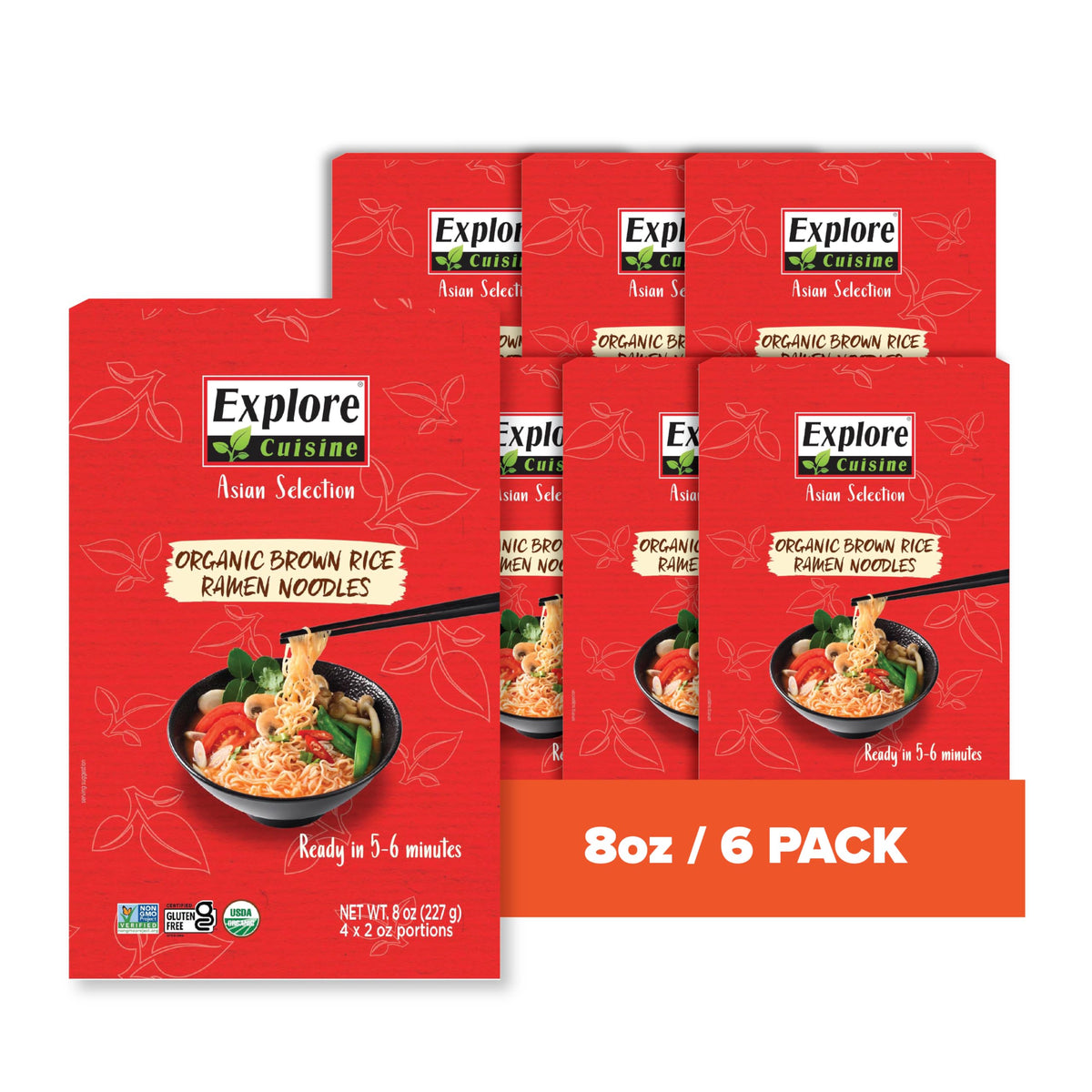EXPLORE CUISINE Organic Brown Rice Ramen – 6 Pack, Gluten Free, 48 Servings