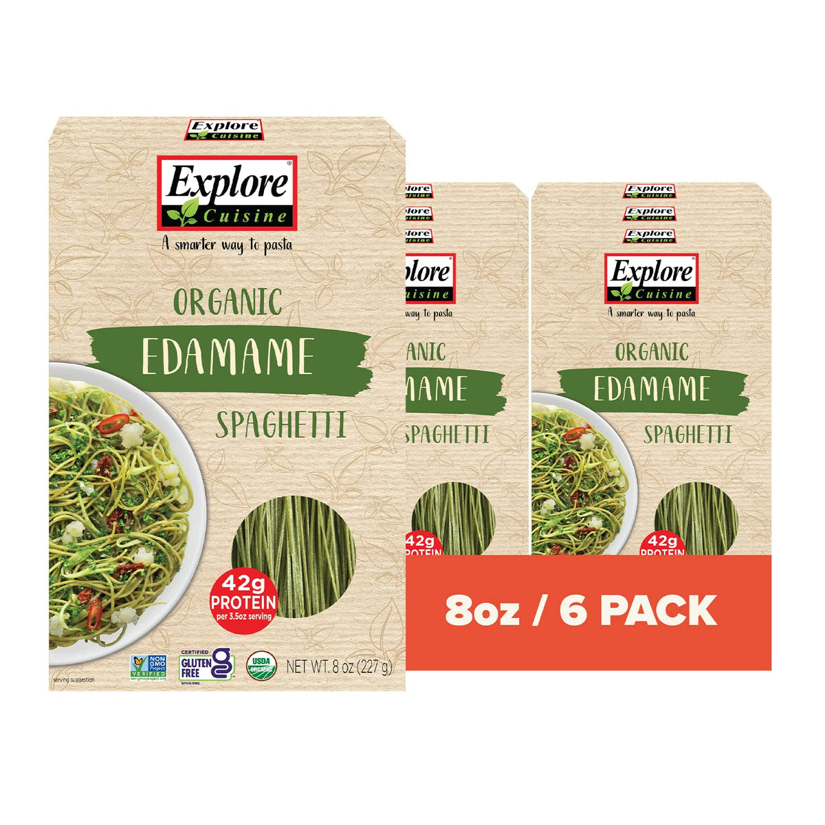 Explore Cuisine Organic Edamame Spaghetti – Gluten-Free, High-Protein Pasta (Pack of 6, 8 oz) | Vegan & Non-GMO | 24 Servings