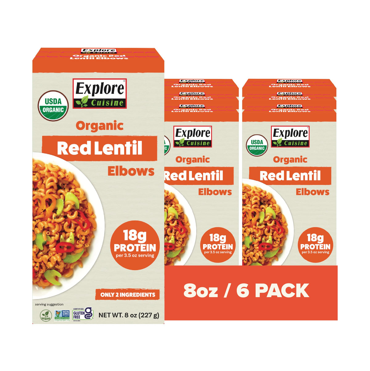 Explore Cuisine Organic Red Lentil Elbows – High Protein & Fiber, Gluten Free Pasta (Pack of 6, 8 oz)
