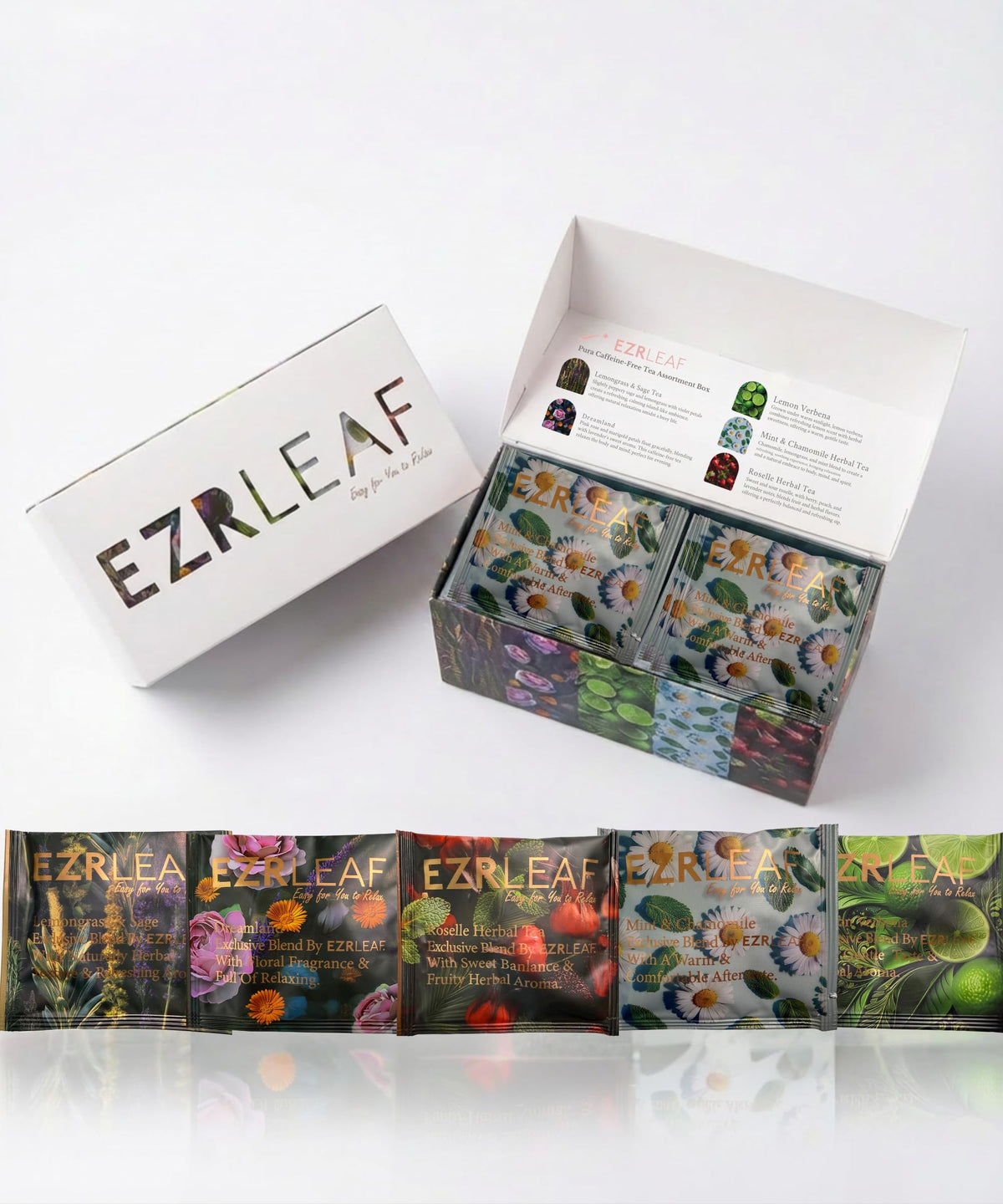 EZR LEAF Decaf Herbal Tea Sampler – 22ct Caffeine-Free Pyramid Bags | Assorted Fruit & Floral Blends