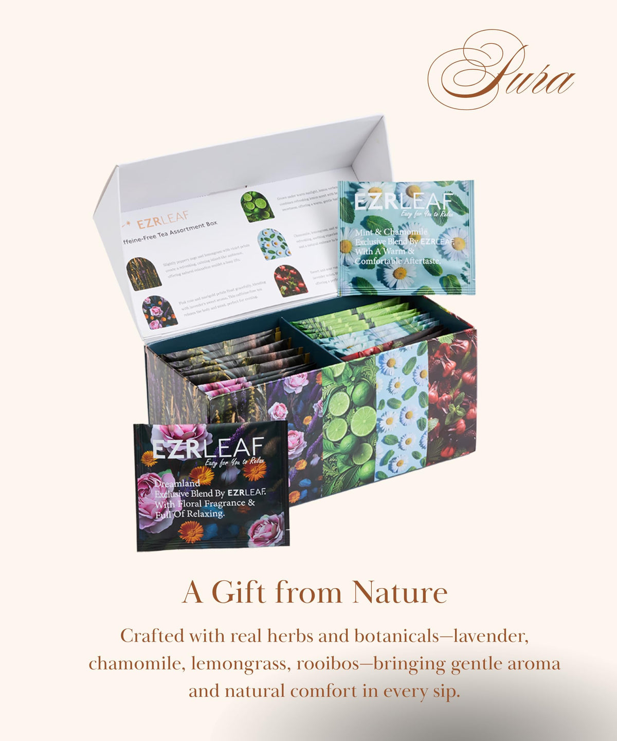 EZR LEAF Decaf Herbal Tea Sampler – 22ct Caffeine-Free Pyramid Bags | Assorted Fruit & Floral Blends