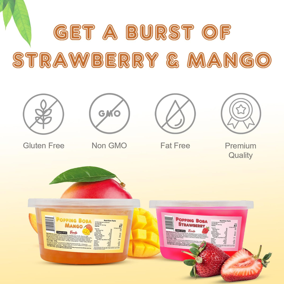Fanale Strawberry Mango Popping Boba Pearls – Vegan, Gluten-Free, 2 lb (1 lb x 2) for Bubble Tea & Desserts