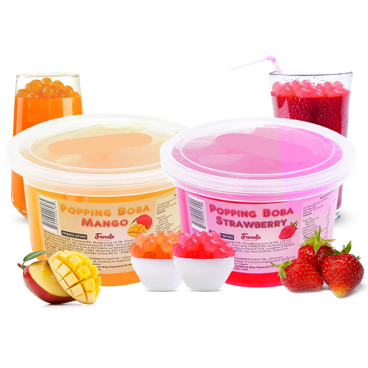 Fanale Strawberry Mango Popping Boba Pearls – Vegan, Gluten-Free, 2 lb (1 lb x 2) for Bubble Tea & Desserts