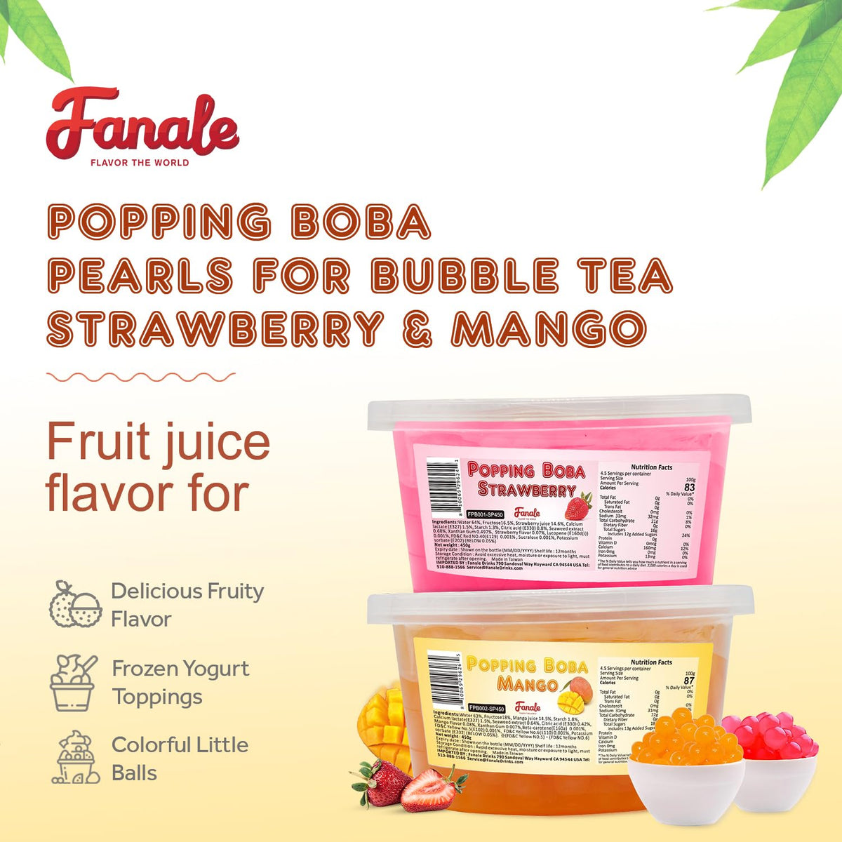 Fanale Strawberry Mango Popping Boba Pearls – Vegan, Gluten-Free, 2 lb (1 lb x 2) for Bubble Tea & Desserts