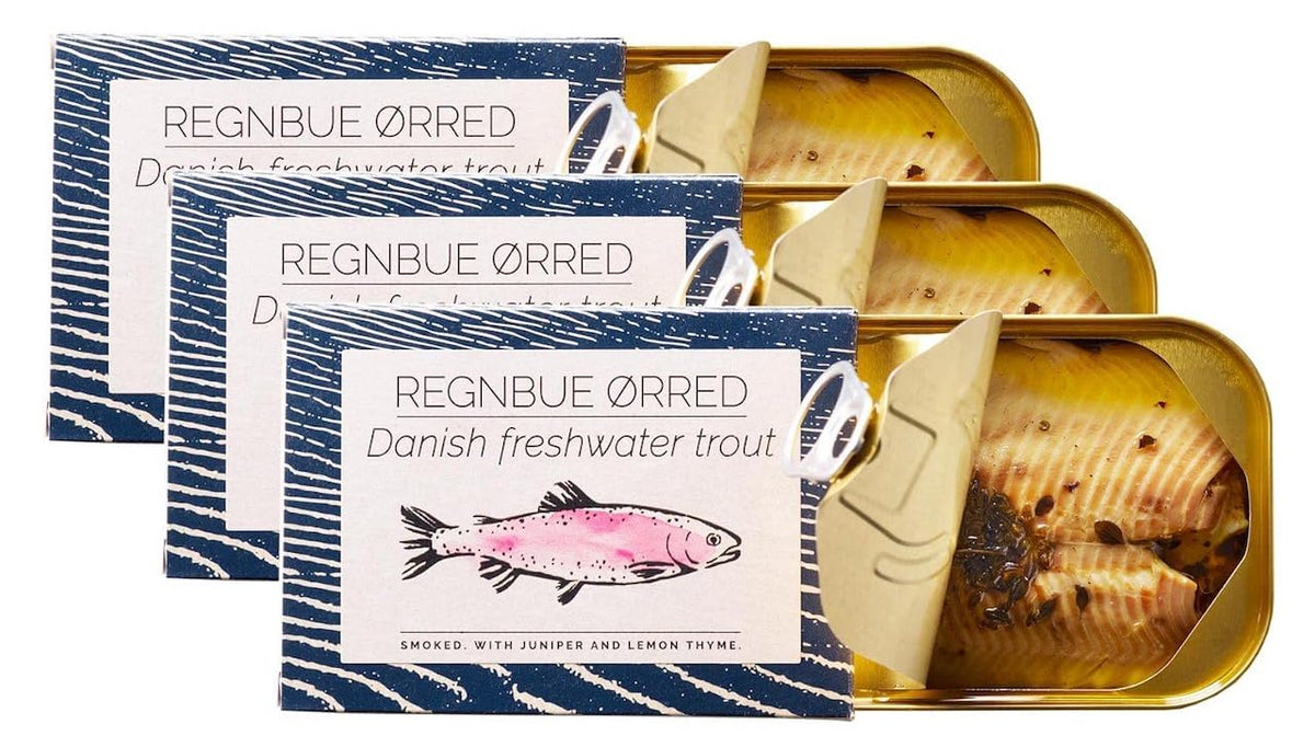 FANGST Regnbue Orred – Tinned Smoked Rainbow Trout with Juniper & Lemon Thyme (3 × 110g)