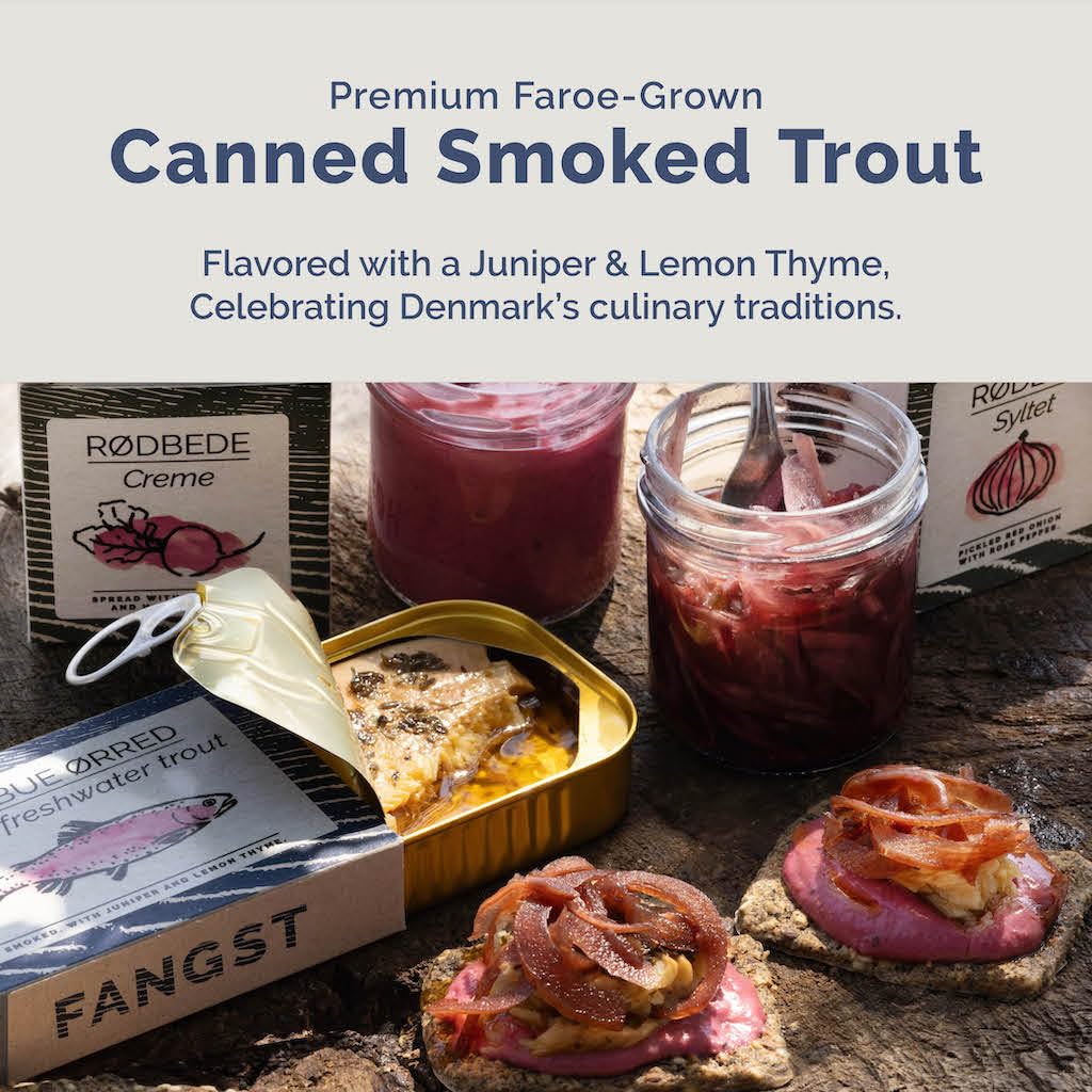 FANGST Regnbue Orred – Tinned Smoked Rainbow Trout with Juniper & Lemon Thyme (3 × 110g)