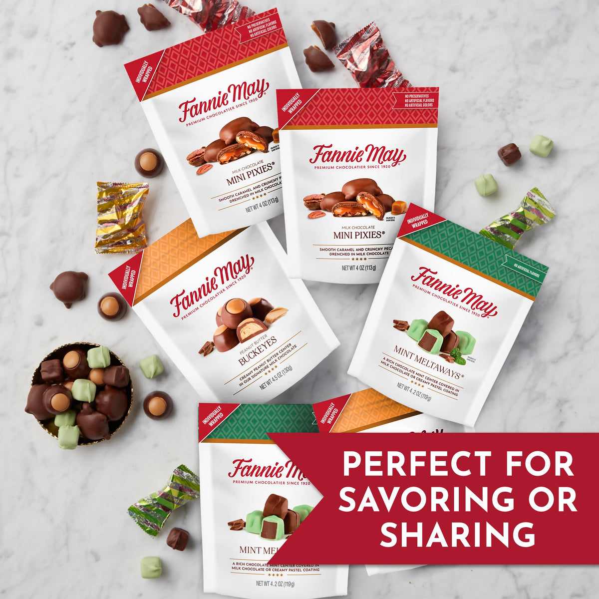 Fannie May 6 Bags Variety Pack – Mini Pixies, Mint Meltaways & Buckeyes (25.4 oz)