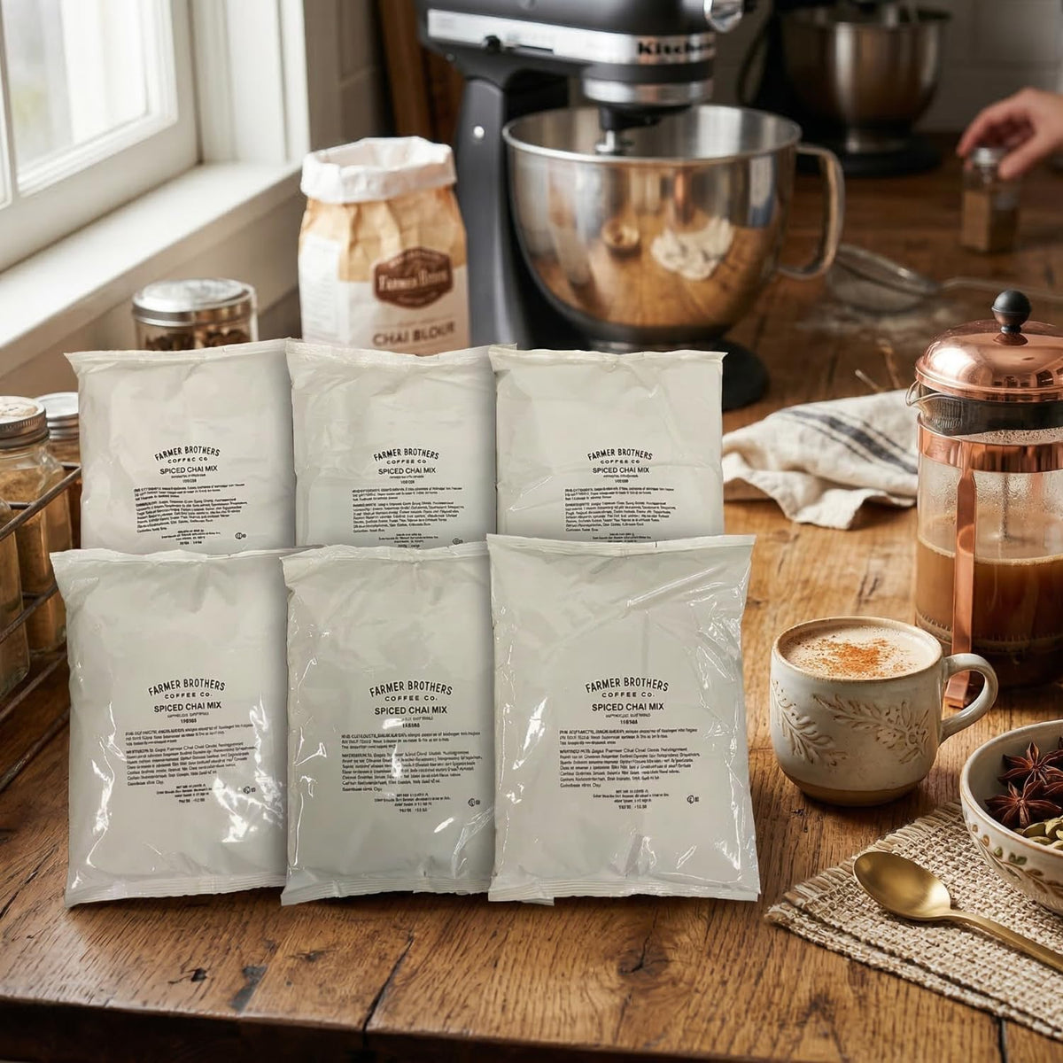 Farmer Brothers Spice Chai Tea Latte Powder Mix – 6x2 lb Bags, Café-Quality Instant Chai