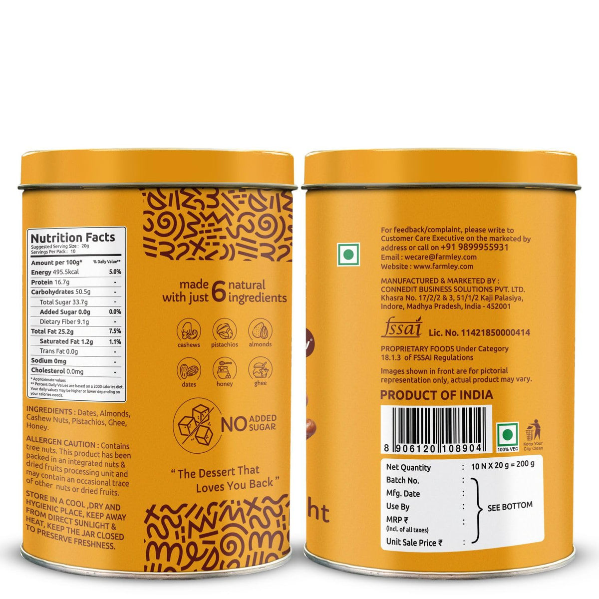 Farmley Protein Dates Bars Jars | No Added Sugar Date & Nuts | 200 g x 10