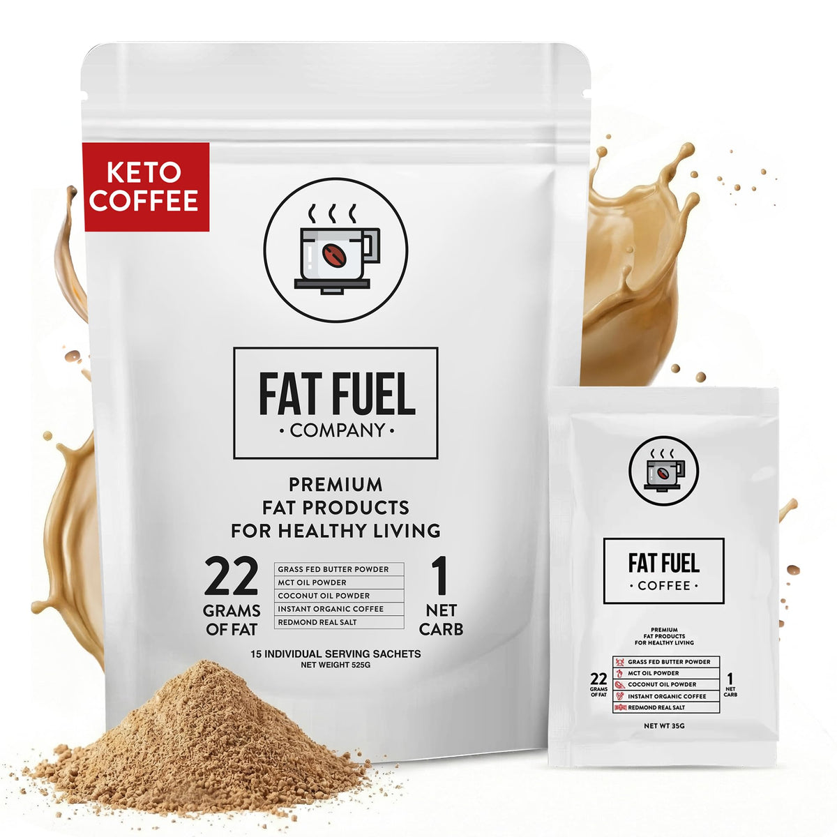 FAT FUEL Keto Coffee 22g Premium Fats — Grass-Fed Butter, MCT Oil, Coconut & Redmond Real Salt | Instant Organic Coffee, 1 Net Carb, 15 Servings