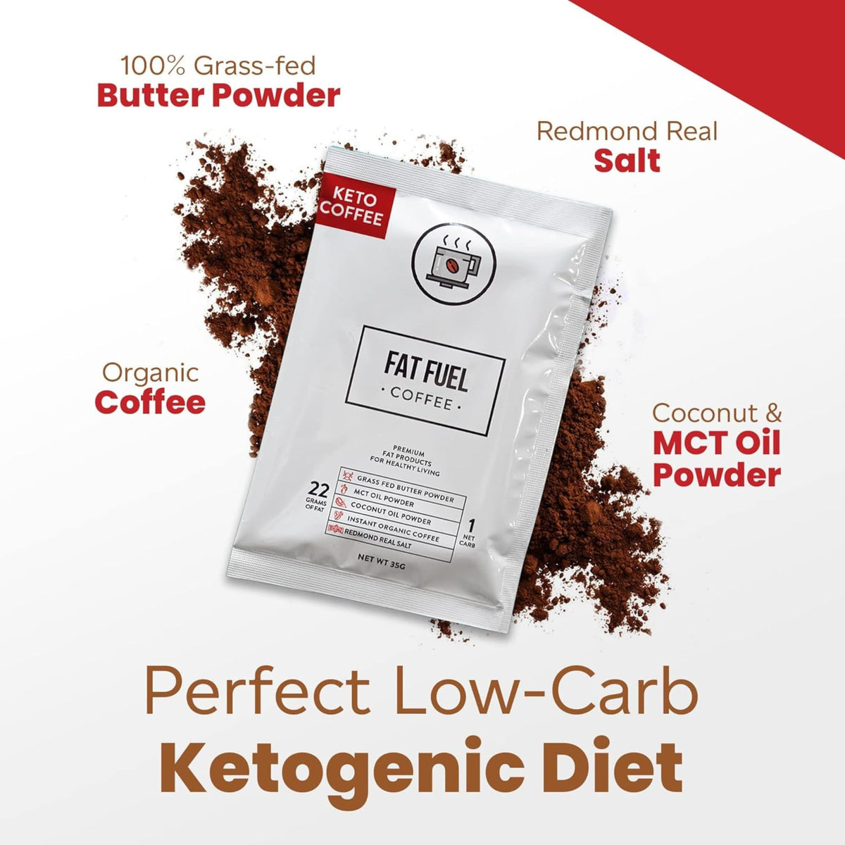 FAT FUEL Keto Coffee 22g Premium Fats — Grass-Fed Butter, MCT Oil, Coconut & Redmond Real Salt | Instant Organic Coffee, 1 Net Carb, 15 Servings