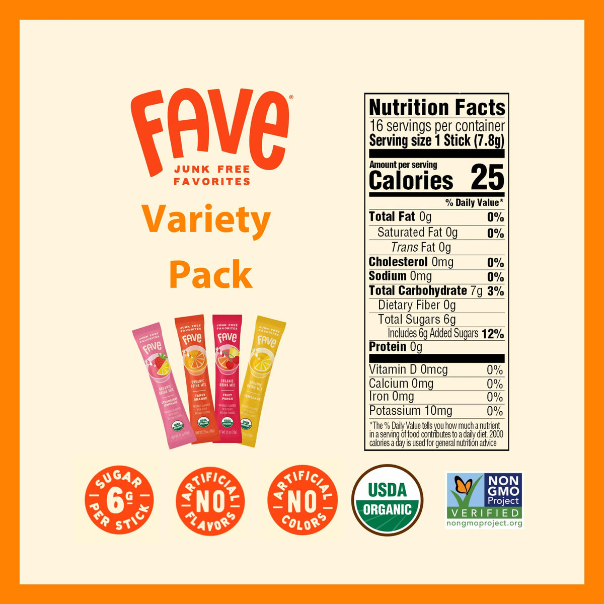 Fave Mix Inc. USDA Organic Drink Mix Variety Pack – 16 Sticks (Lemonade, Strawberry Lemonade, Fruit Punch, Tangy Orange) – Non-GMO