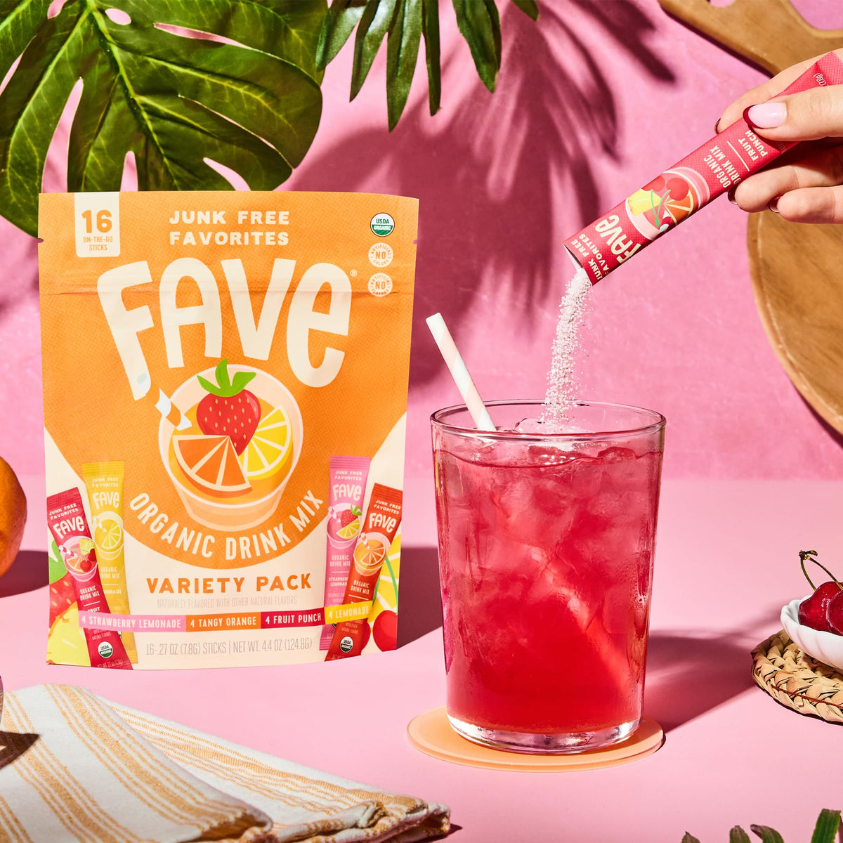 Fave Mix Inc. USDA Organic Drink Mix Variety Pack – 16 Sticks (Lemonade, Strawberry Lemonade, Fruit Punch, Tangy Orange) – Non-GMO