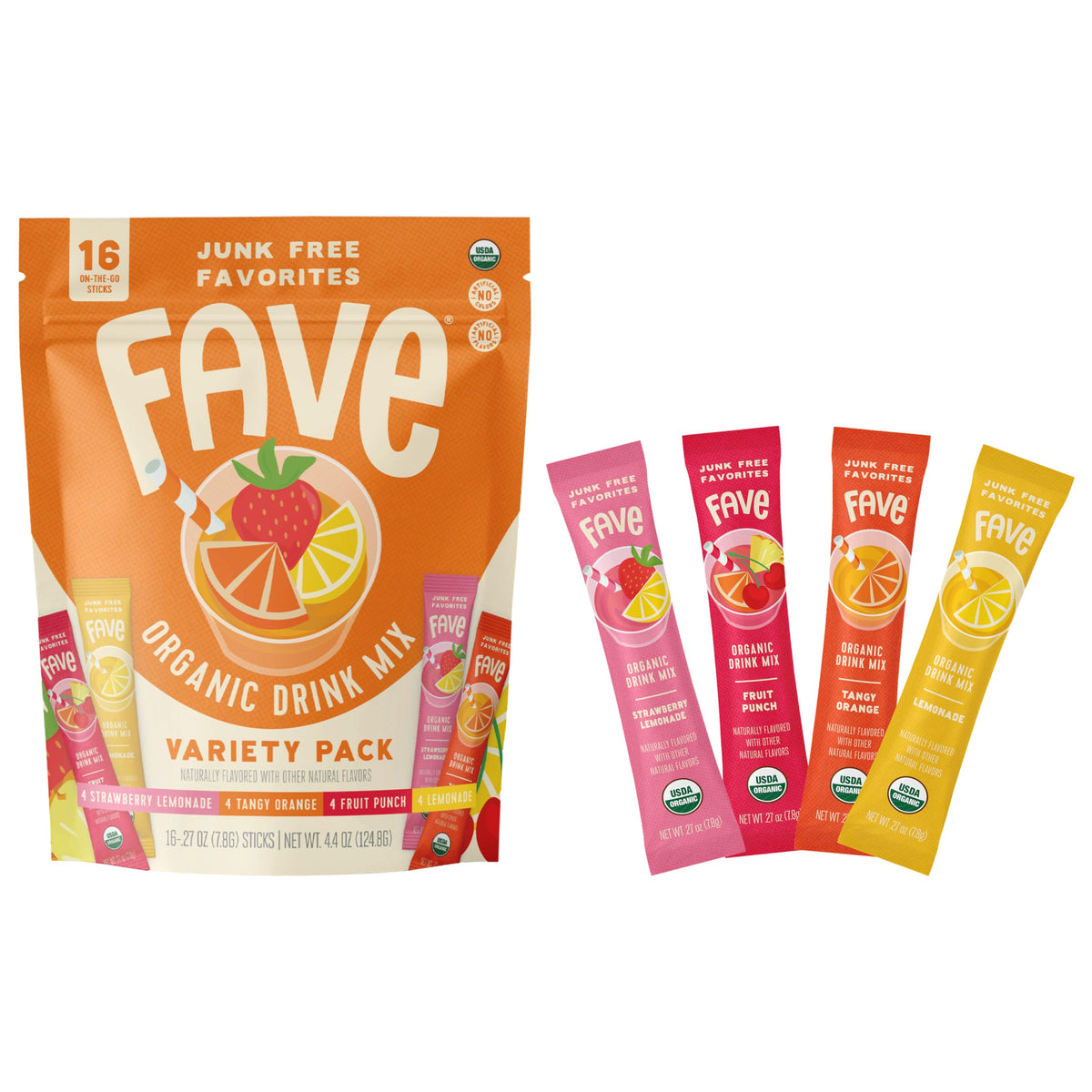 Fave Mix Inc. USDA Organic Drink Mix Variety Pack – 16 Sticks (Lemonade, Strawberry Lemonade, Fruit Punch, Tangy Orange) – Non-GMO