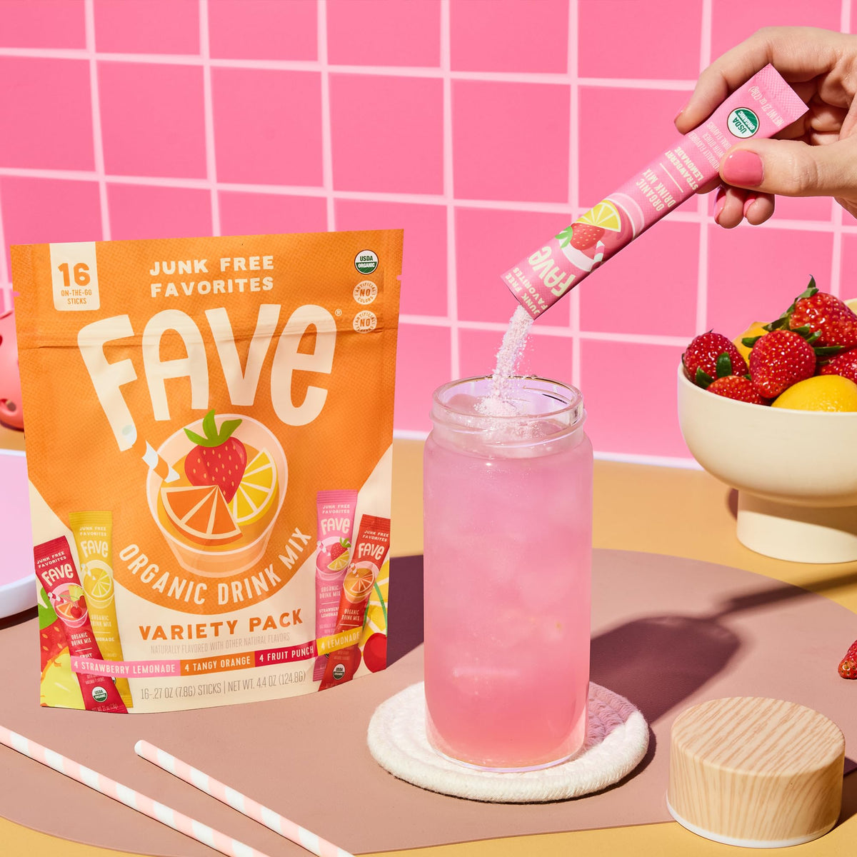 Fave Mix Inc. USDA Organic Drink Mix Variety Pack – 16 Sticks (Lemonade, Strawberry Lemonade, Fruit Punch, Tangy Orange) – Non-GMO