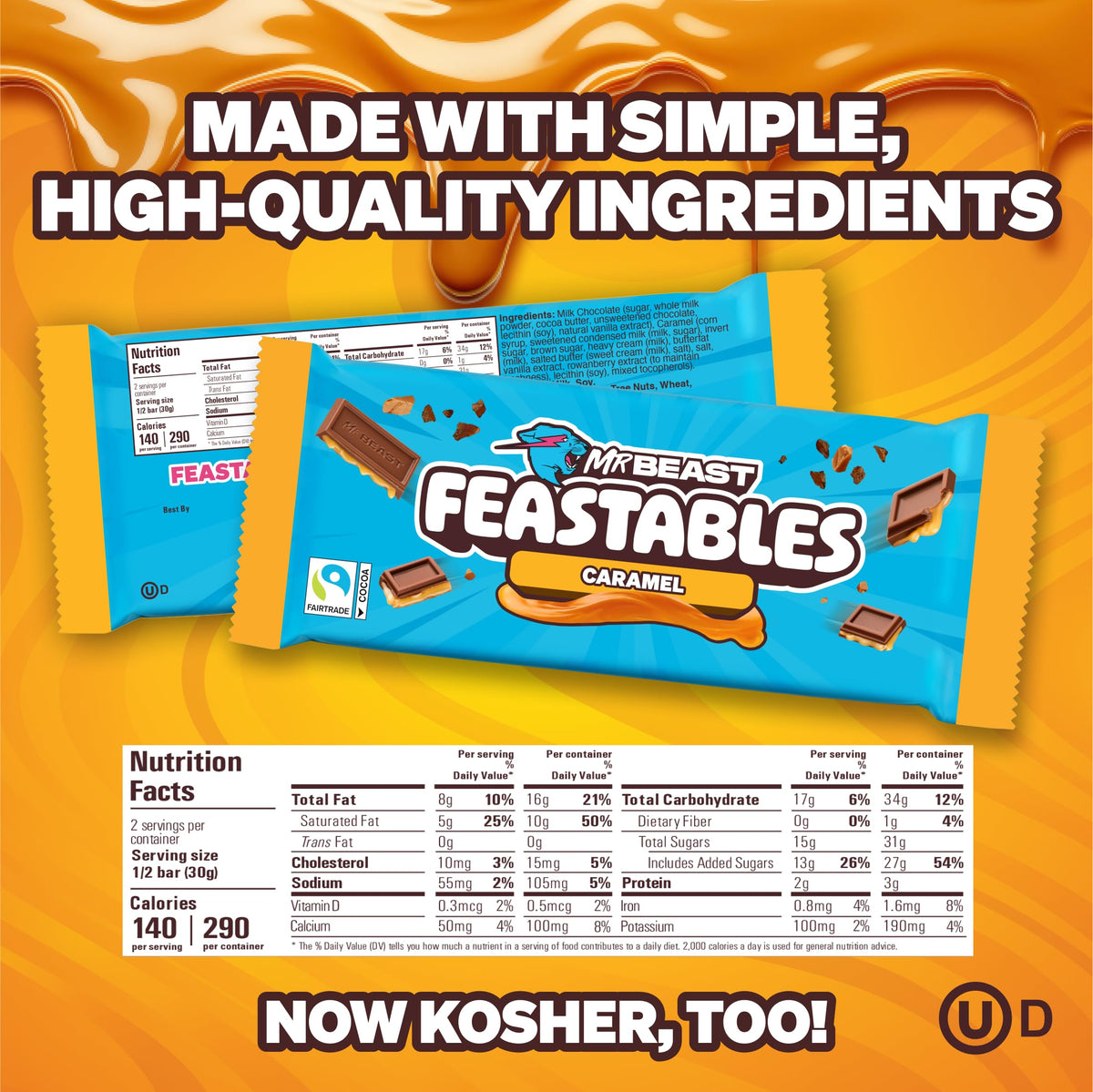 Feastables MrBeast Caramel Chocolate Bar – King Size (10 ct), Fairtrade Cocoa