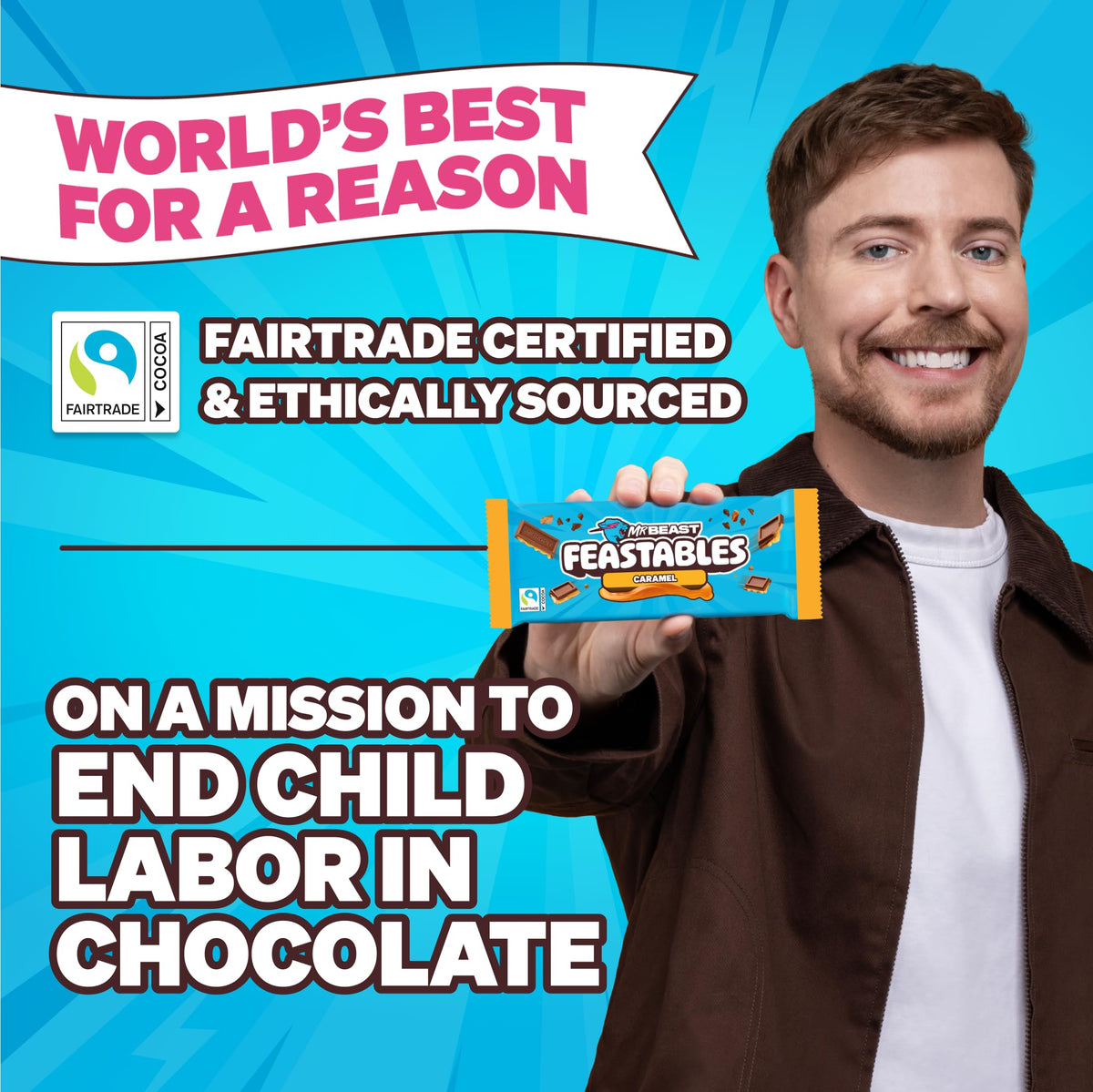 Feastables MrBeast Caramel Chocolate Bar – King Size (10 ct), Fairtrade Cocoa