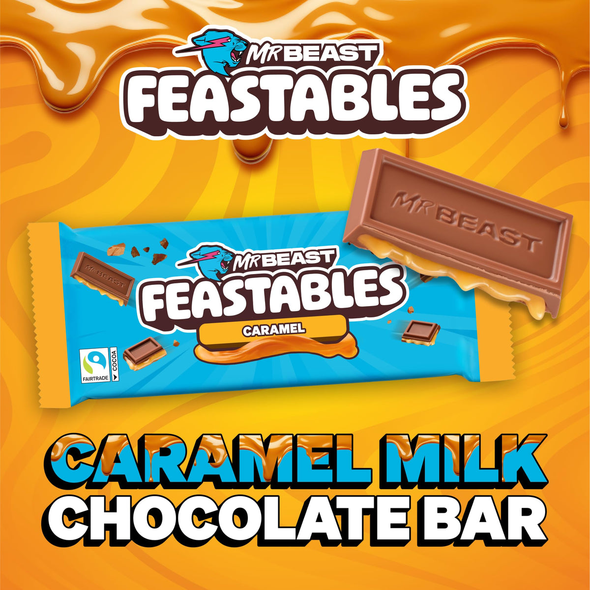 Feastables MrBeast Caramel Chocolate Bar – King Size (10 ct), Fairtrade Cocoa