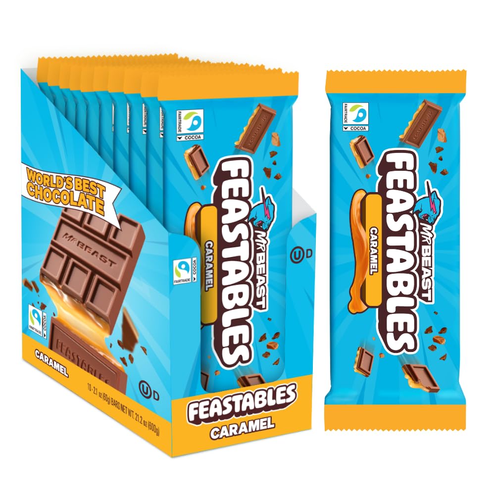 Feastables MrBeast Caramel Chocolate Bar – King Size (10 ct), Fairtrade Cocoa