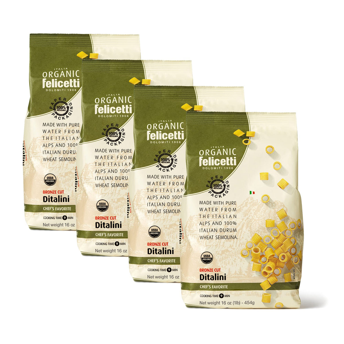 Felicetti Organic Ditalini Pasta – Italian Non-GMO 16oz (454g) 4 Pack