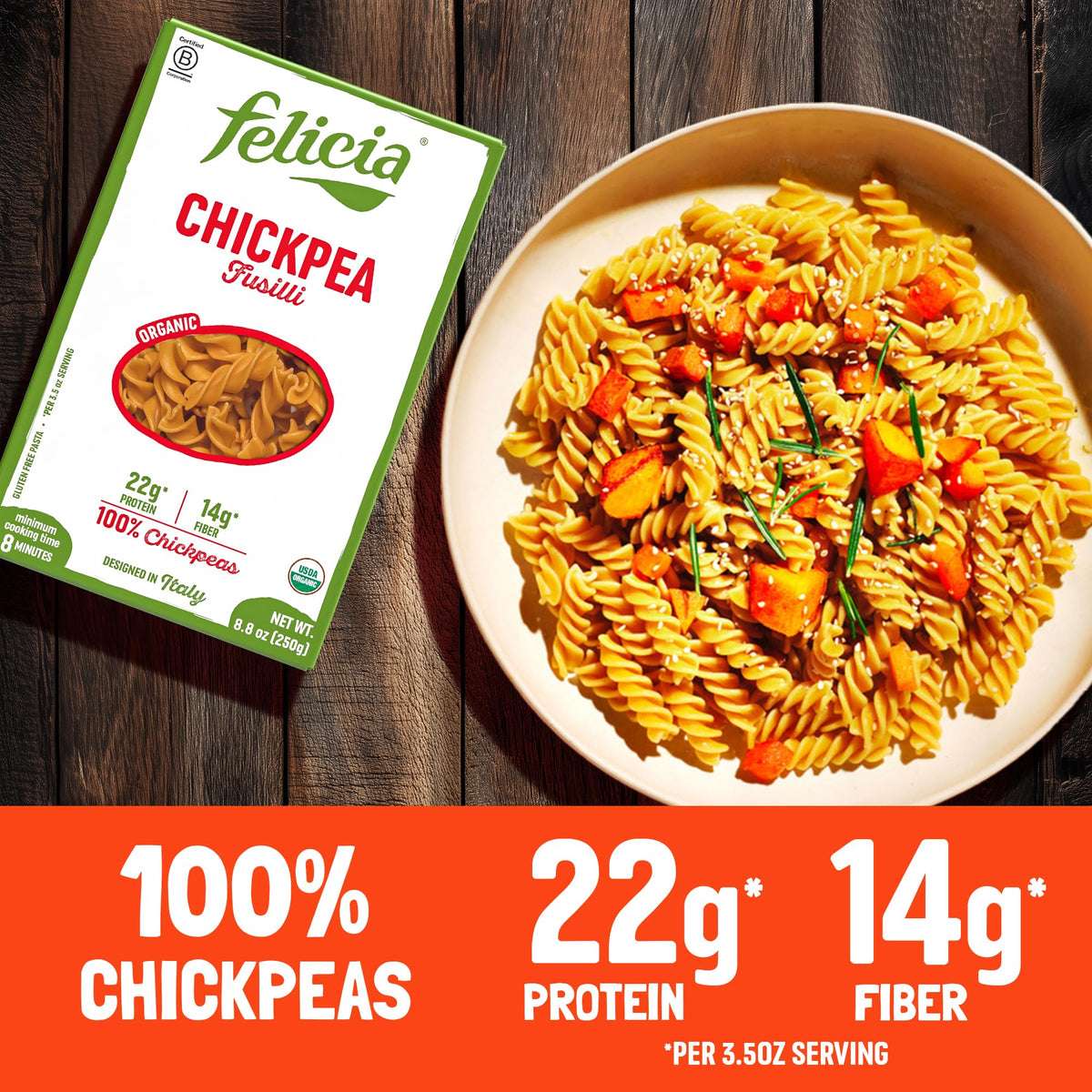 Felicia Gluten Free Pasta – Chickpea Fusilli, 22g Protein, 14g Fiber per Serving | Organic, Non-GMO, 8.8 oz, 6 Boxes