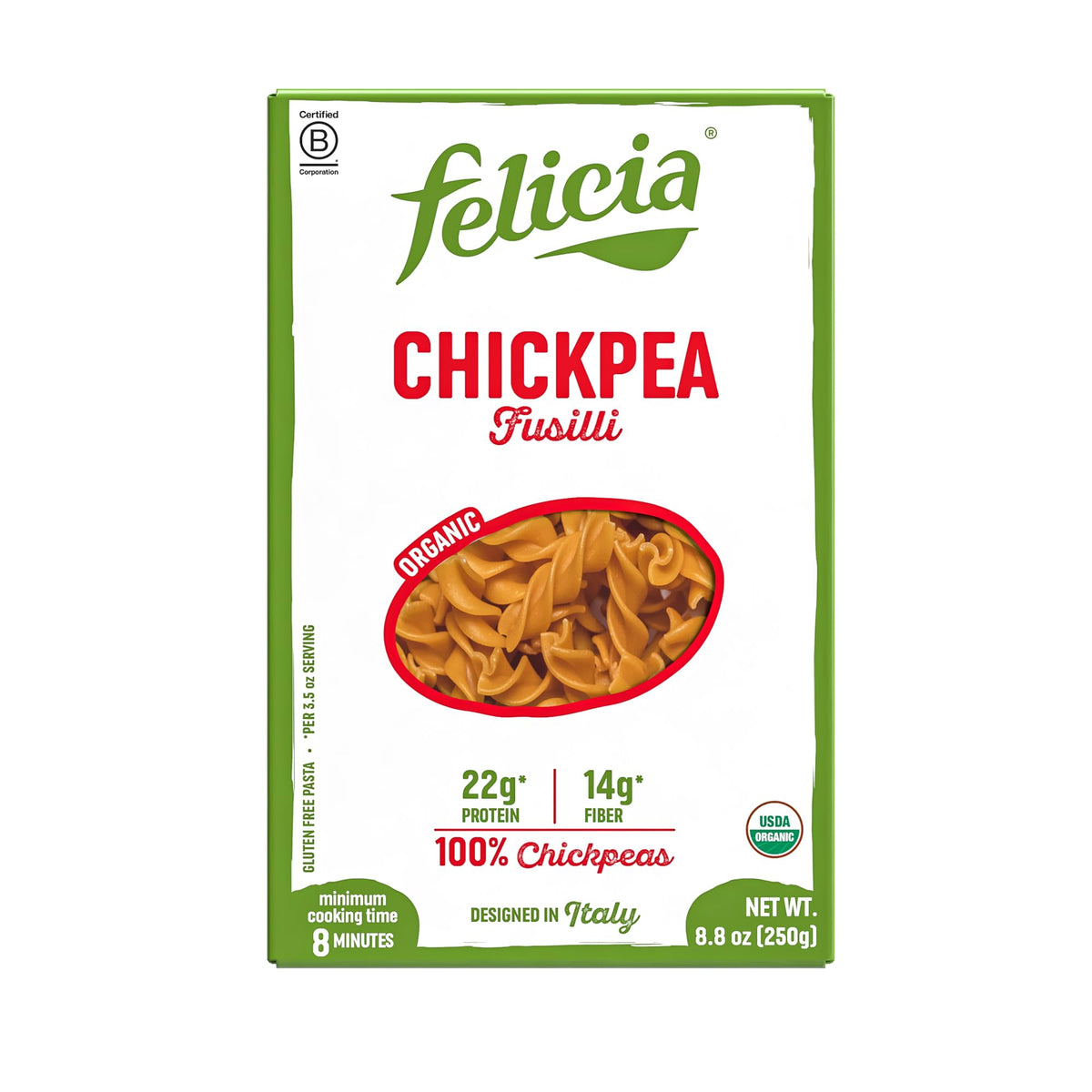 Felicia Gluten Free Pasta – Chickpea Fusilli, 22g Protein, 14g Fiber per Serving | Organic, Non-GMO, 8.8 oz, 6 Boxes