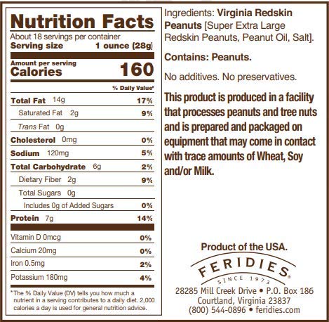 Feridies Extra Large Gourmet Salted Redskin Virginia Peanuts with Skins, 18 oz Can – All Natural, Kosher, Non-GMO