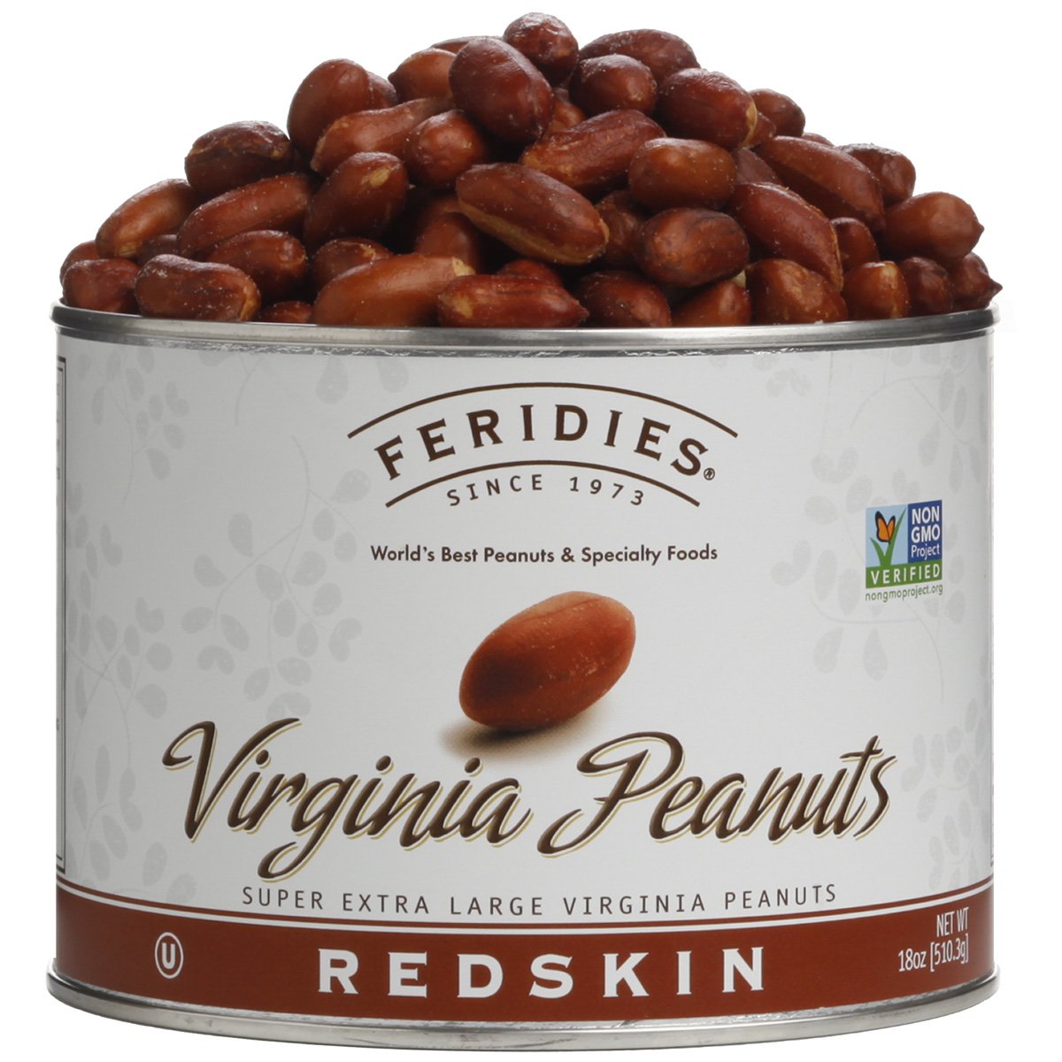 Feridies Extra Large Gourmet Salted Redskin Virginia Peanuts with Skins, 18 oz Can – All Natural, Kosher, Non-GMO