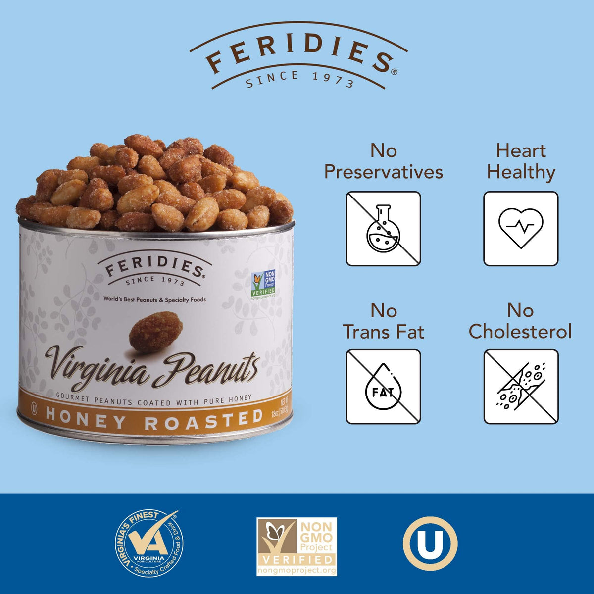 FERIDIES Honey Roasted Extra Large Giant Virginia Peanuts - 18oz Vacuum Can | Gourmet Snack