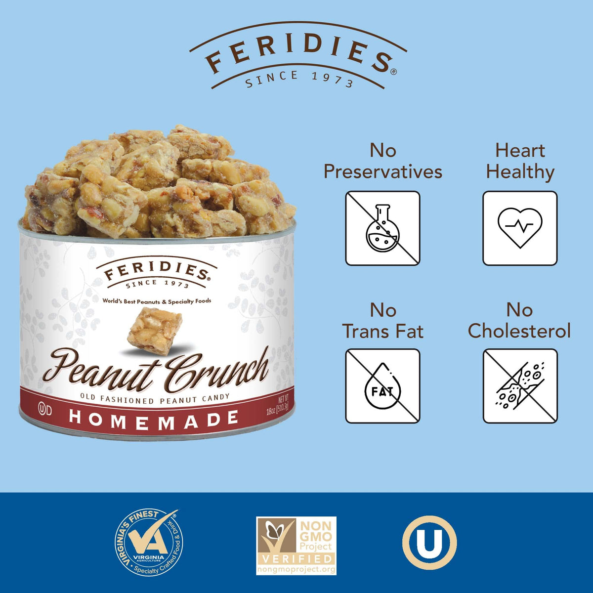 FERIDIES Gourmet Peanut Squares – Virginia Peanut Candy Crunch, 18oz Can