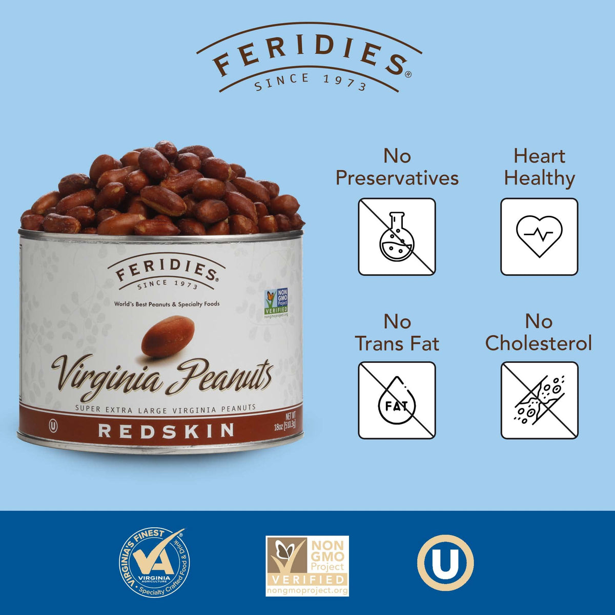 Feridies Extra Large Gourmet Salted Redskin Virginia Peanuts with Skins, 18 oz Can – All Natural, Kosher, Non-GMO