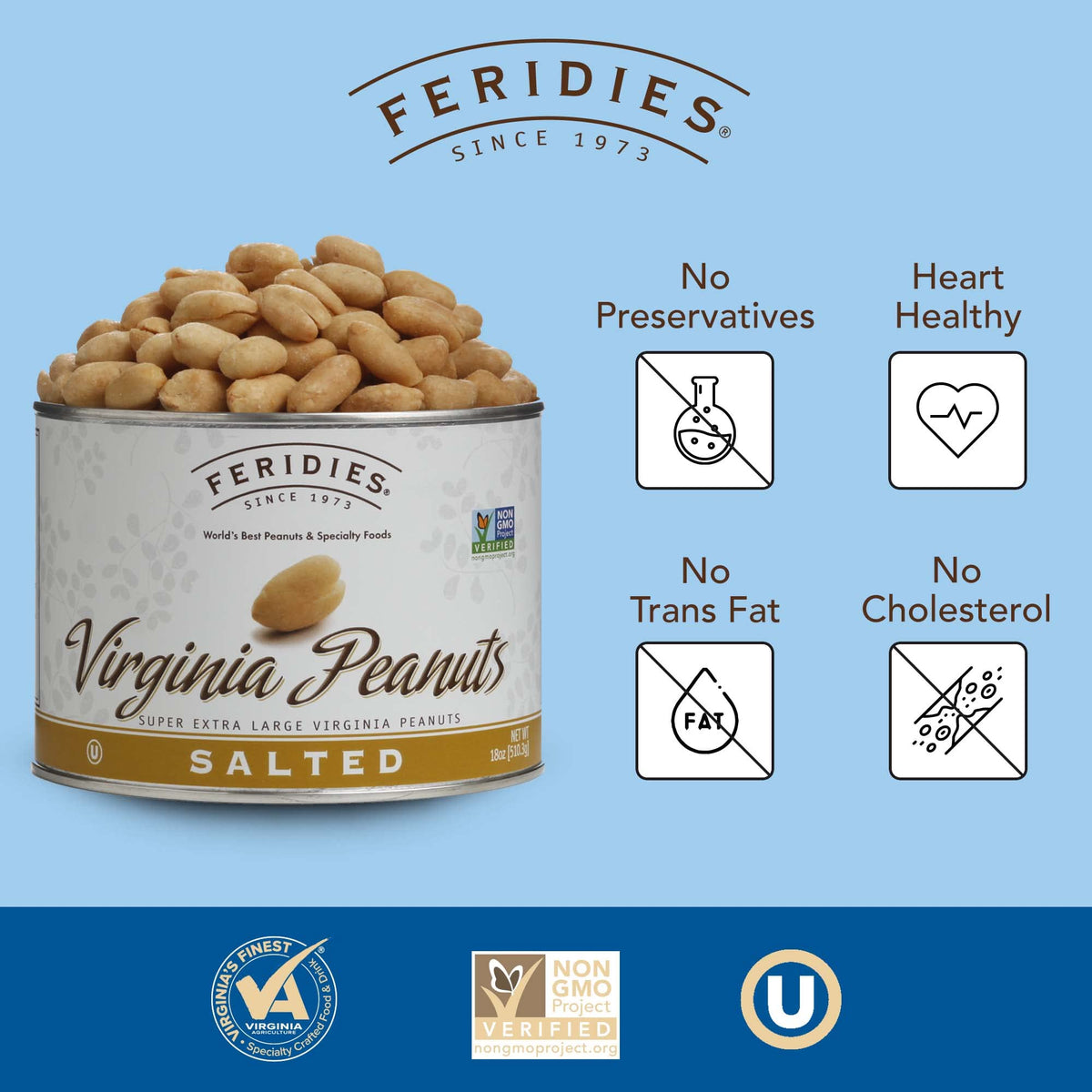 FERIDIES Super Extra Large Salted Virginia Peanuts – 18 oz Can