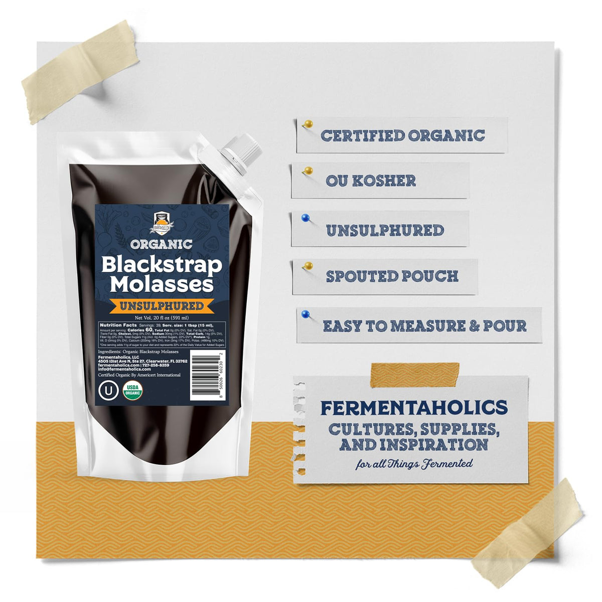 Fermentaholics Organic Unsulphured Blackstrap Molasses | 20 oz Spouted Pouch (2-Pack) | OU Kosher