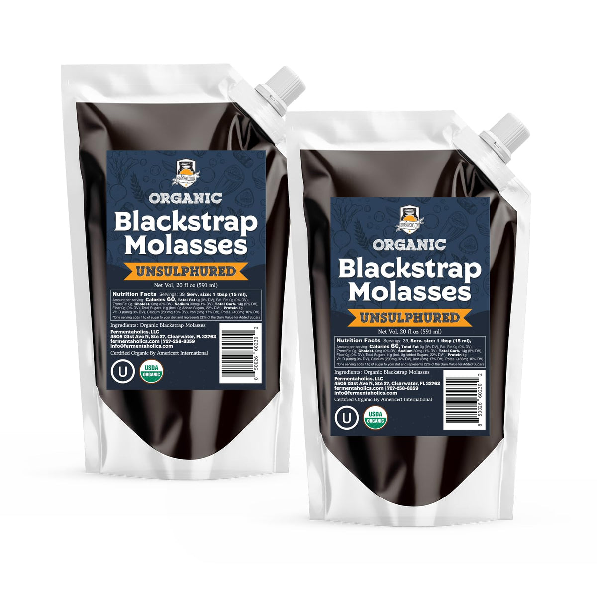 Fermentaholics Organic Unsulphured Blackstrap Molasses | 20 oz Spouted Pouch (2-Pack) | OU Kosher