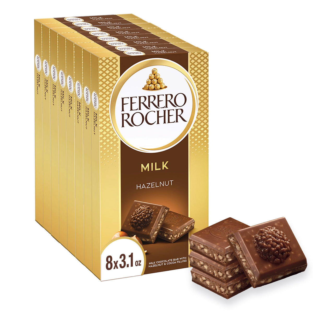 Ferrero Rocher Premium Milk Chocolate Hazelnut Bar – 8 Bars, 3.1 oz Each