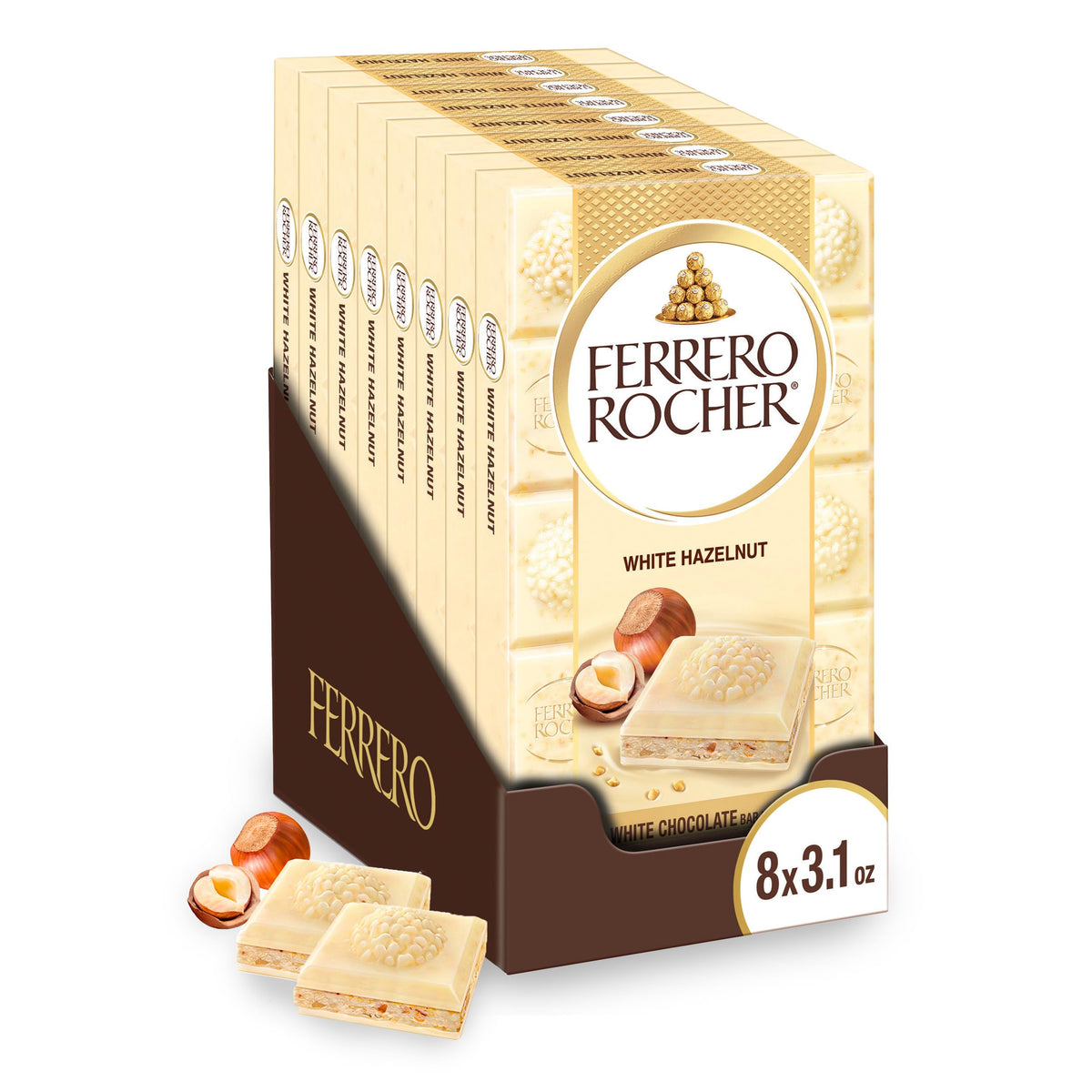 Ferrero Rocher Premium Chocolate Bars, White Chocolate Hazelnut – 8 Pack (3.1 oz Each)