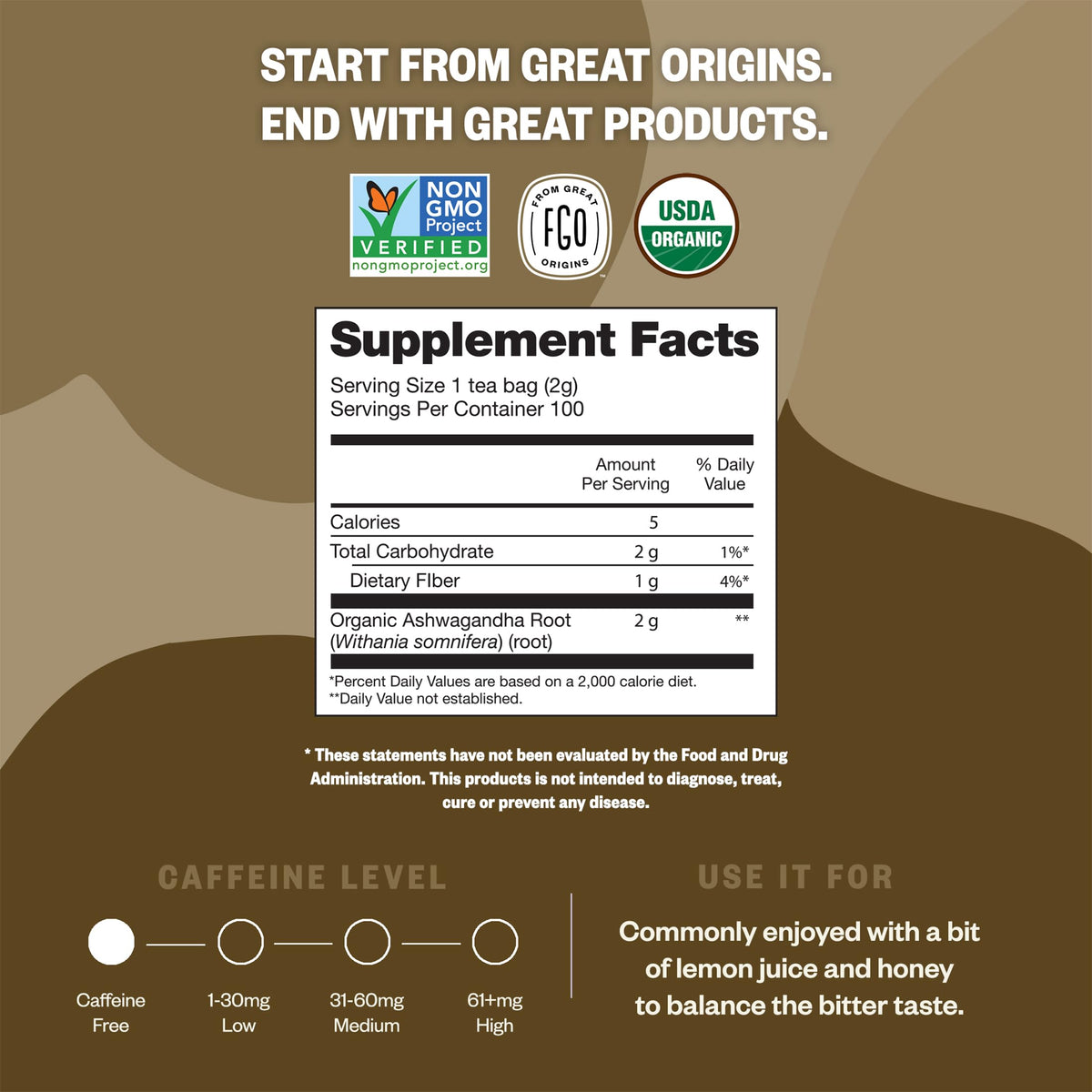 FGO Organic Ashwagandha Tea — 100 Tea Bags, Caffeine Free, Eco-Conscious & Resealable Pack of 1