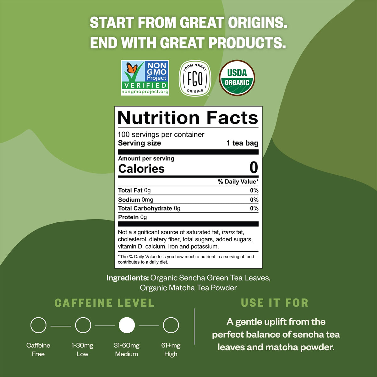 FGO Organic Japanese Matcha + Green Tea | 100 Eco-Conscious Tea Bags | Resealable Kraft Bag (Pack of 1)