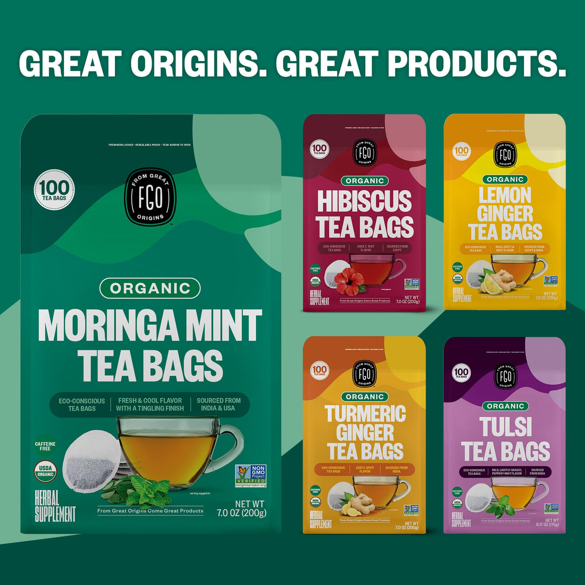 FGO Organic Moringa Mint Tea — 100 Eco-Conscious Tea Bags, Caffeine Free, Resealable Pack (Pack of 1)