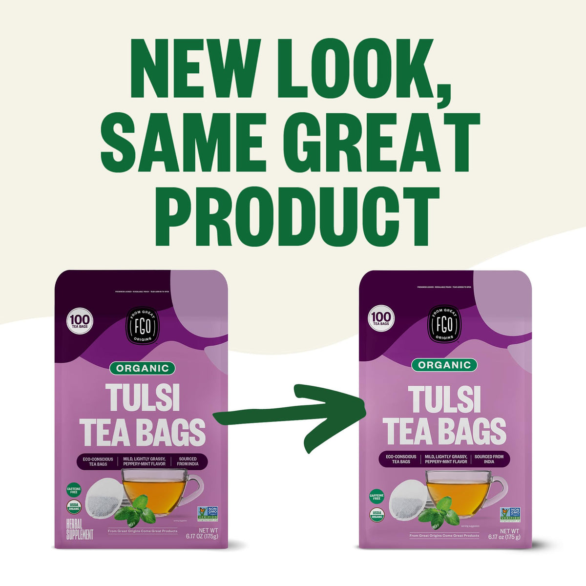 FGO Organic Tulsi Holy Basil Tea | 100 Count, Eco-Conscious Tea Bags, Caffeine Free, Resealable Bag