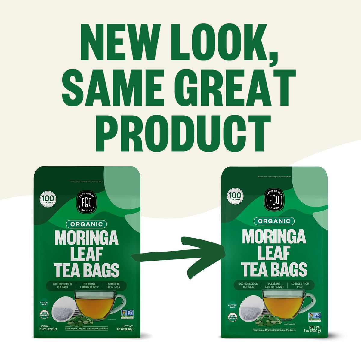 FGO Organic Moringa Mint Tea — 100 Eco-Conscious Tea Bags, Caffeine Free, Resealable Pack (Pack of 1)