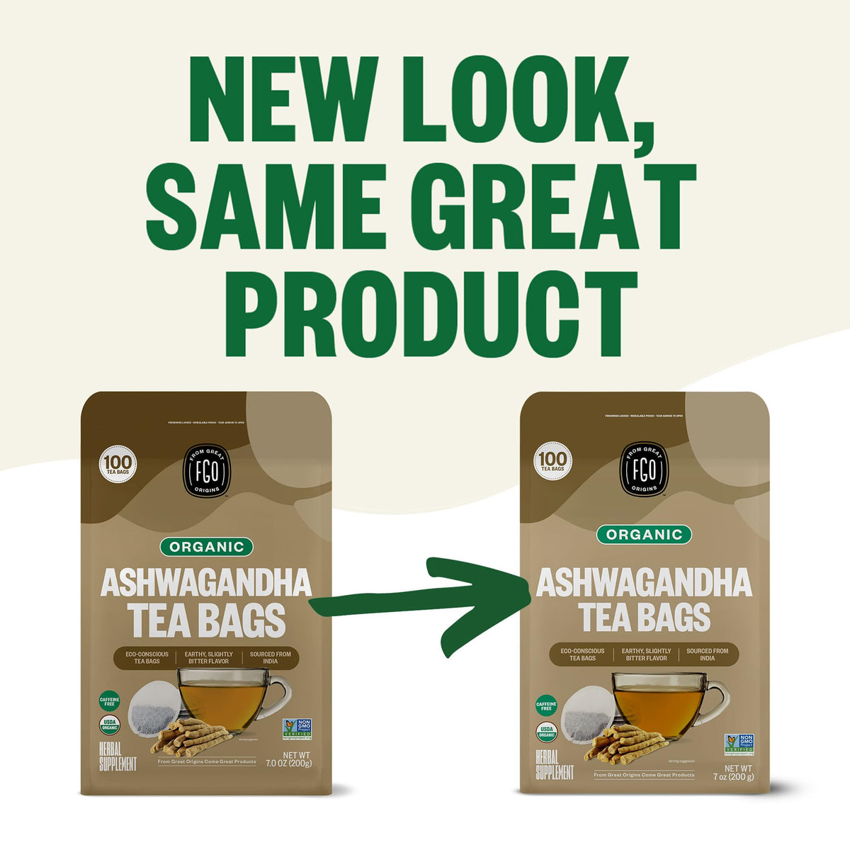 FGO Organic Ashwagandha Tea — 100 Tea Bags, Caffeine Free, Eco-Conscious & Resealable Pack of 1