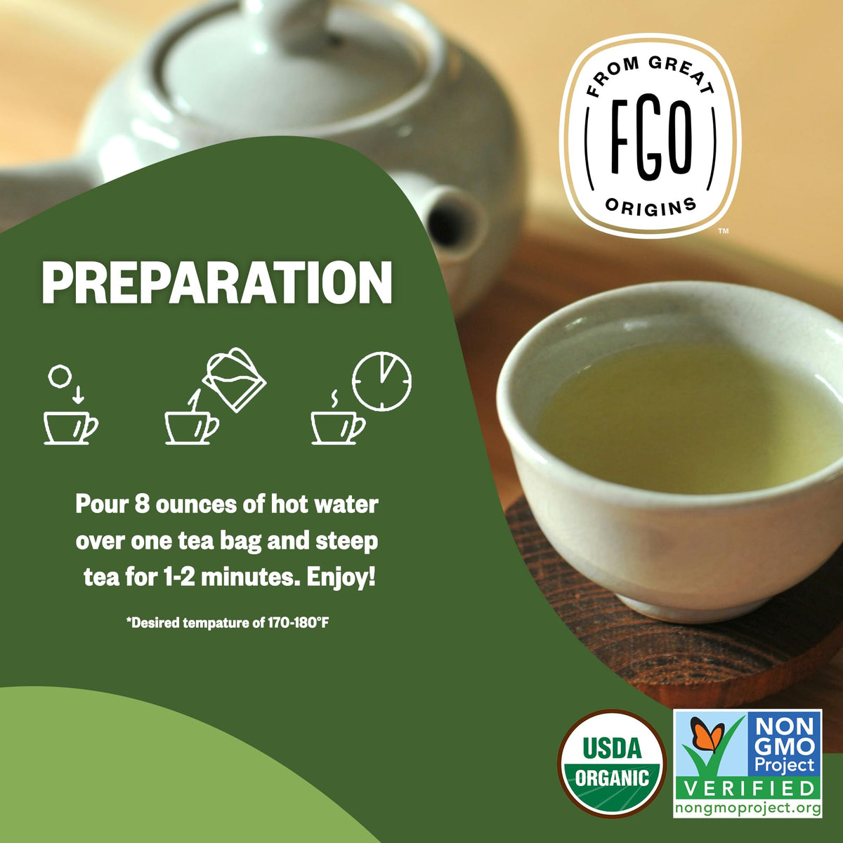 FGO Organic Japanese Matcha + Green Tea | 100 Eco-Conscious Tea Bags | Resealable Kraft Bag (Pack of 1)