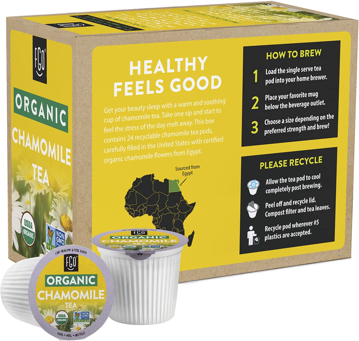 FGO Organic Chamomile Tea K-Cup Pods for Keurig – 24 Count, Caffeine-Free, USDA Organic