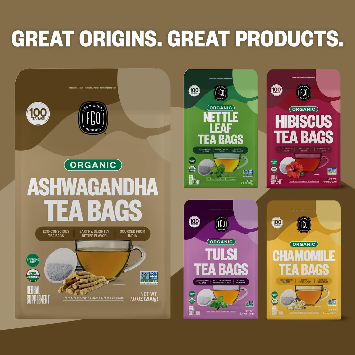 FGO Organic Ashwagandha Tea — 100 Tea Bags, Caffeine Free, Eco-Conscious & Resealable Pack of 1
