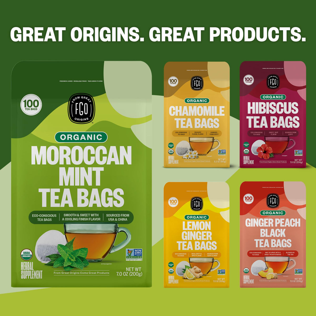 FGO Organic Moroccan Mint Green Tea - 100 Eco-Conscious Bags | Resealable Kraft Bag (Pack of 1)