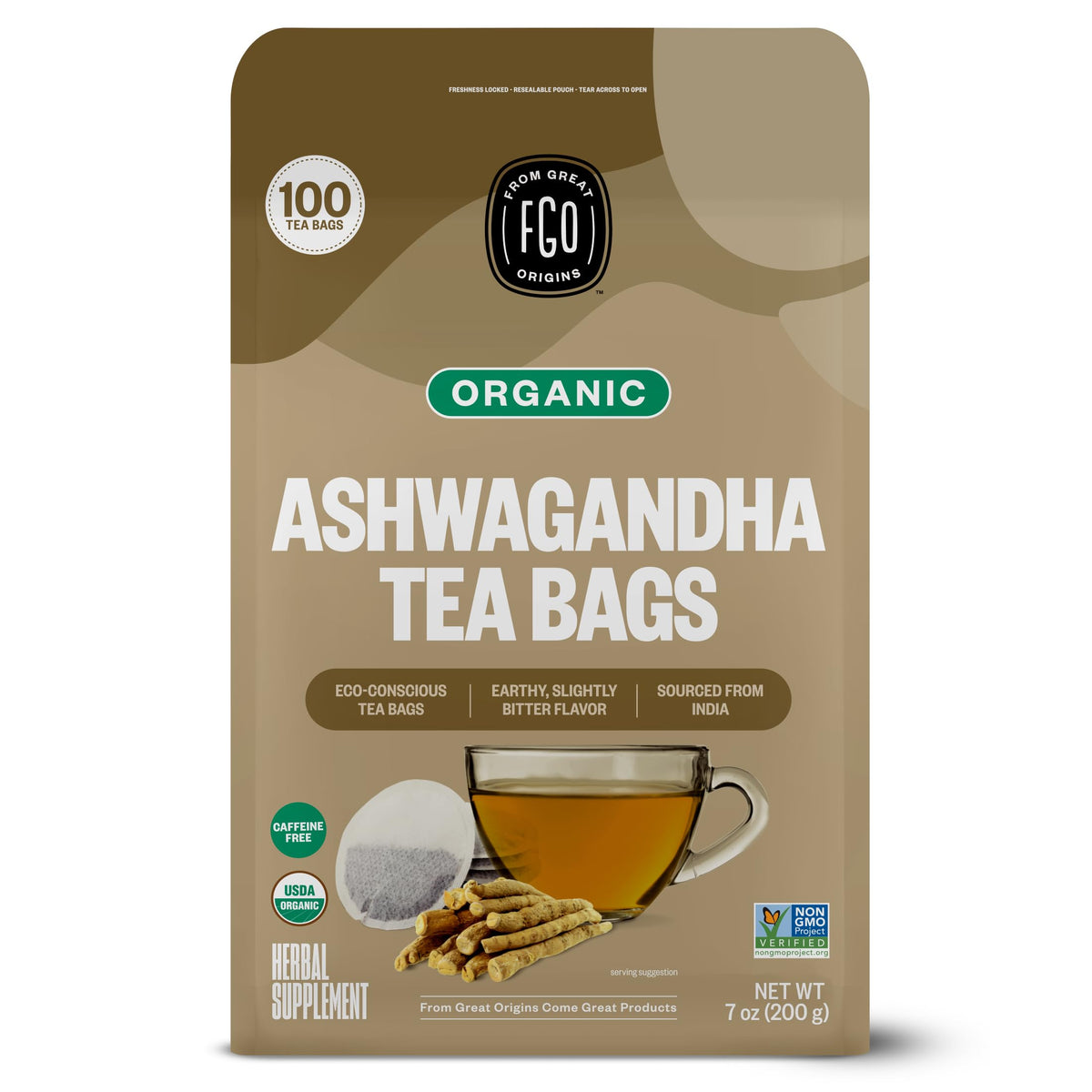 FGO Organic Ashwagandha Tea — 100 Tea Bags, Caffeine Free, Eco-Conscious & Resealable Pack of 1