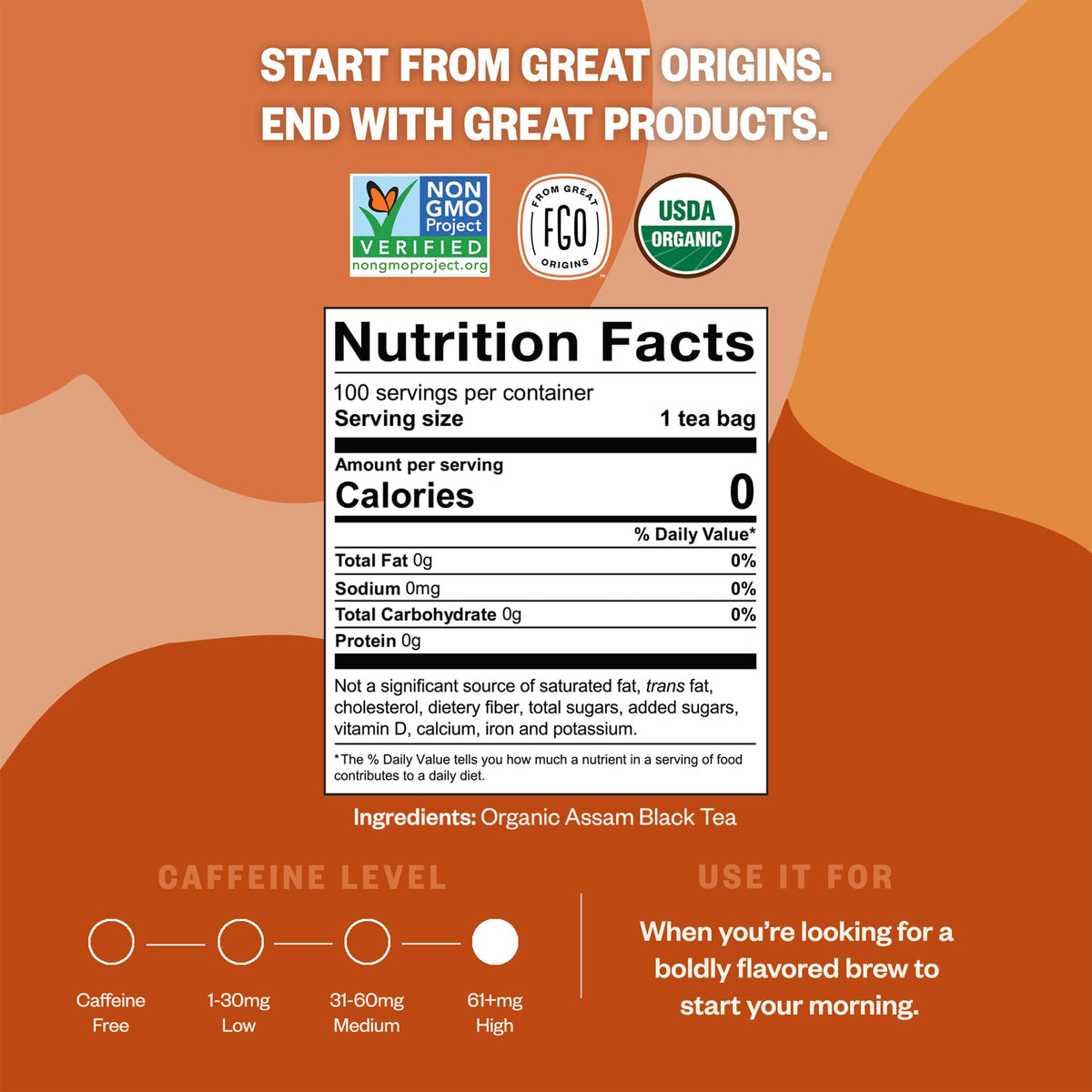 FGO Organic Assam Tea - 100 Count Eco-Conscious Black Tea Bags | Resealable Bag (Pack of 1)