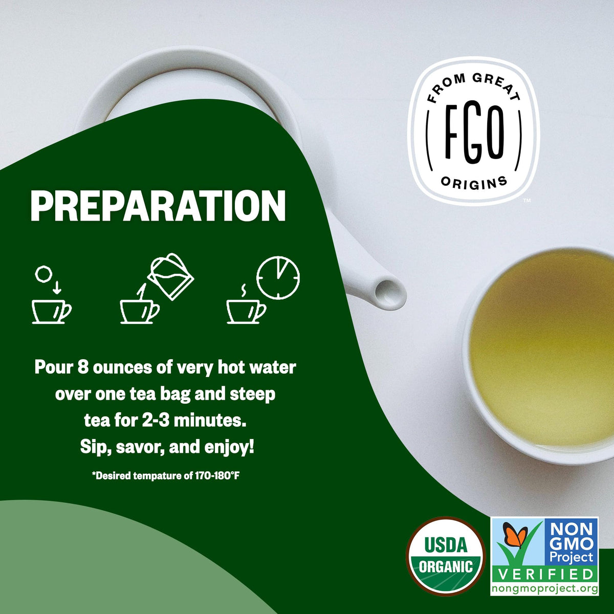 FGO Organic Green Decaf Tea — 100 Count, Caffeine Free, Eco-Conscious Tea Bags